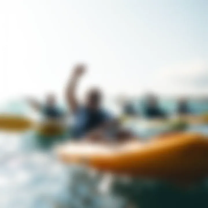 Kayak Surfing Community Engagement A group of enthusiastic individuals participating in a kayak surfing community event
