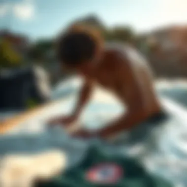 Surfer Rinsing Gear Post-Session Surfer rinsing gear after session