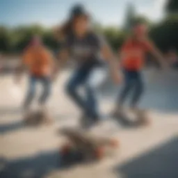A group of female skateboarders showcasing their skills at a skatepark