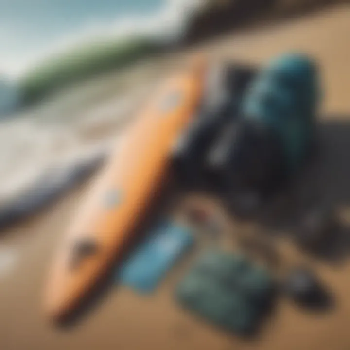 A serene beach scene with surf gear laid out