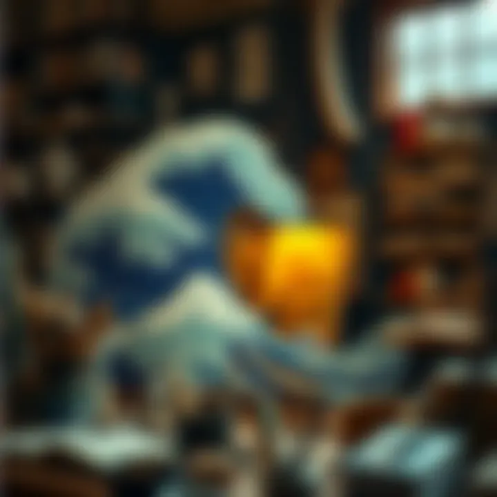 A historical depiction of Hokusai at work in his studio