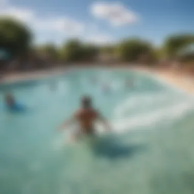 Families enjoying the amenities near the wave pool