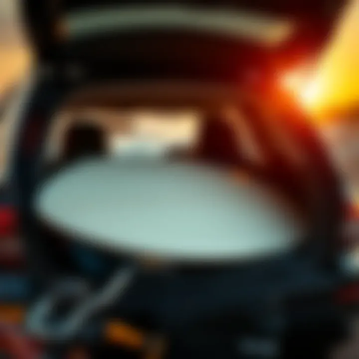 Effective Surfboard Storage Solutions A surfboard securely stored in a car trunk