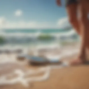 Stylish surfer showcasing trendy flip flops on the beach