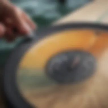 Measuring Hardness: Durometer Gauge in Action Close-up of durometer gauge measuring surfboard material