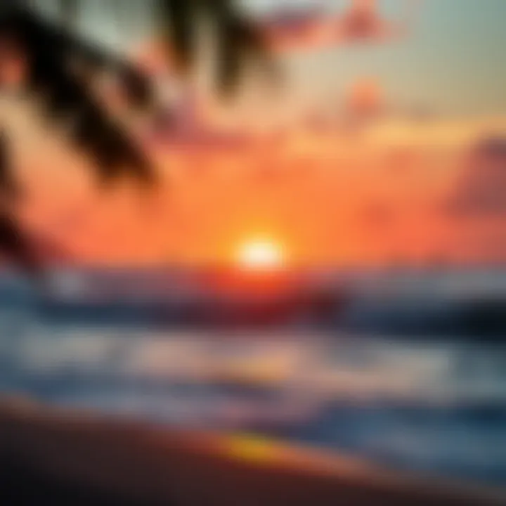 A sunset view over a Hawaiian beach with surfers in the distance