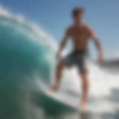 A model wearing board shorts while surfing on a wave