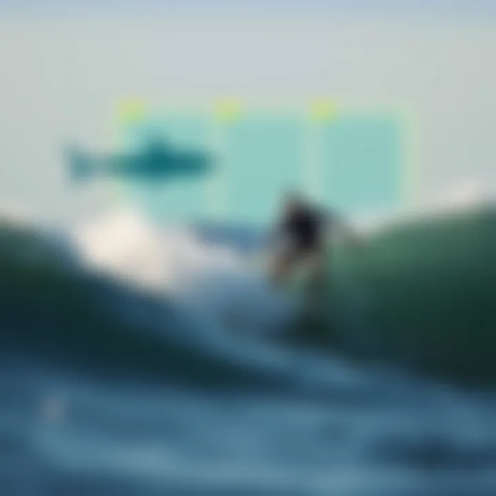 Surfer Navigating Waves with Shark Radar Technology Surfer navigating waves with shark radar in the background