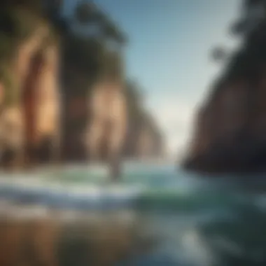 A picturesque coastline with paddleboarders exploring the shore