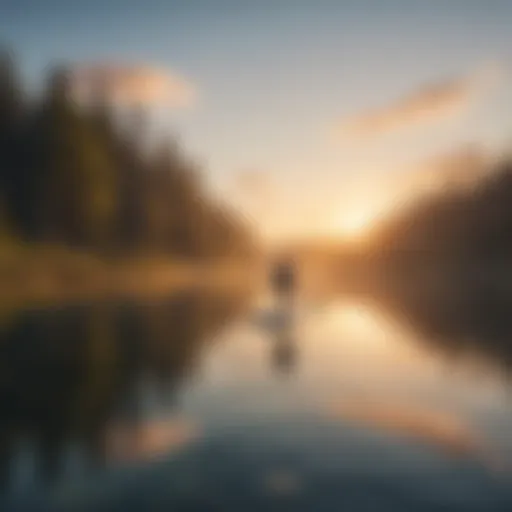 A serene lake at dawn with a paddleboarder gliding across the water