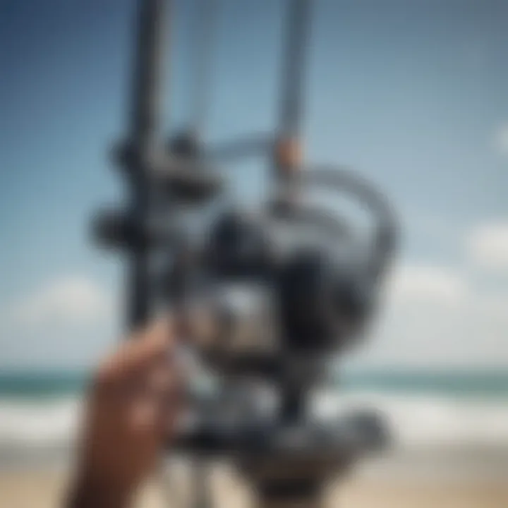 Close-up of surf fishing rig setup with weights