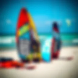 Kitesurfing gear displayed on the beach