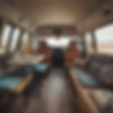 Interior of a customized van, featuring surfboards and beach gear.