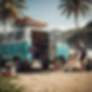 A group of surfers loading their gear into a van after a successful day at the beach.