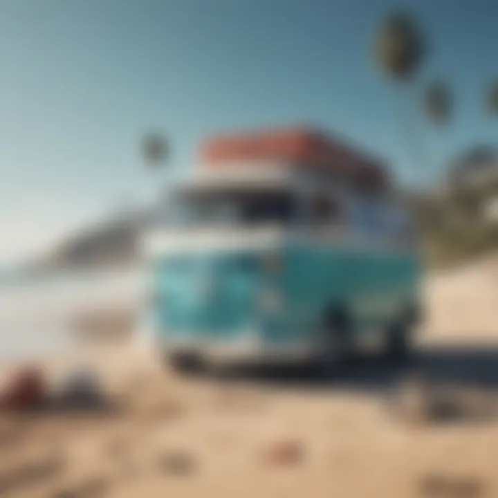 A vintage van parked on a scenic beach, showcasing its retro design.