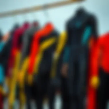 Diverse range of wetsuits displayed in various colors and styles
