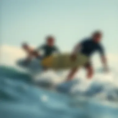 Conceptual image of surfers adjusting techniques based on wind
