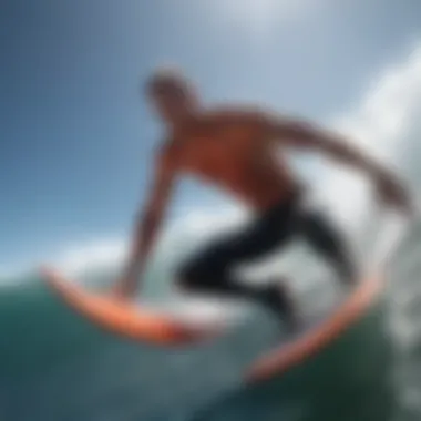 An underwater shot of a bodyboarder using fins, creating dynamic movement in the water.