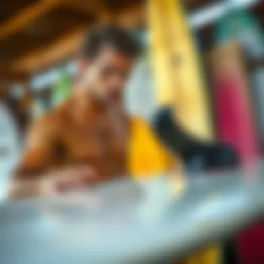Selecting the Right Surfboard A surfer examining a used surfboard with a thoughtful expression