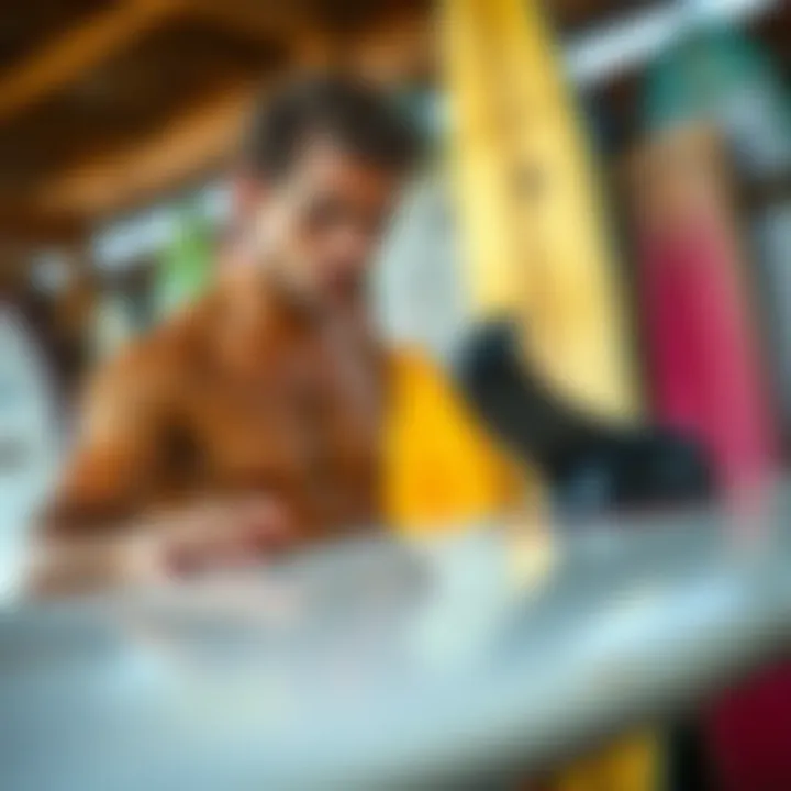 Selecting the Right Surfboard A surfer examining a used surfboard with a thoughtful expression