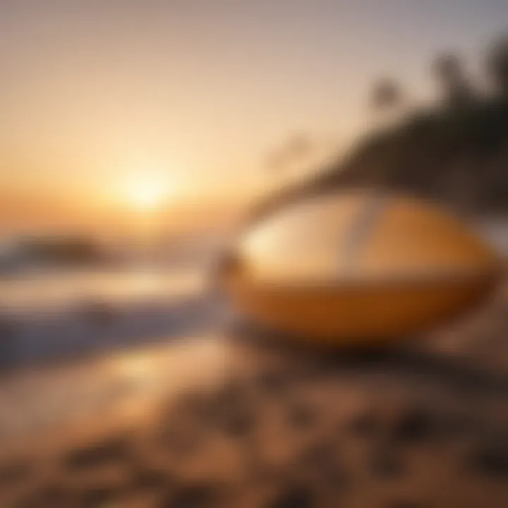 A classic vintage surfboard displayed against a sunset backdrop