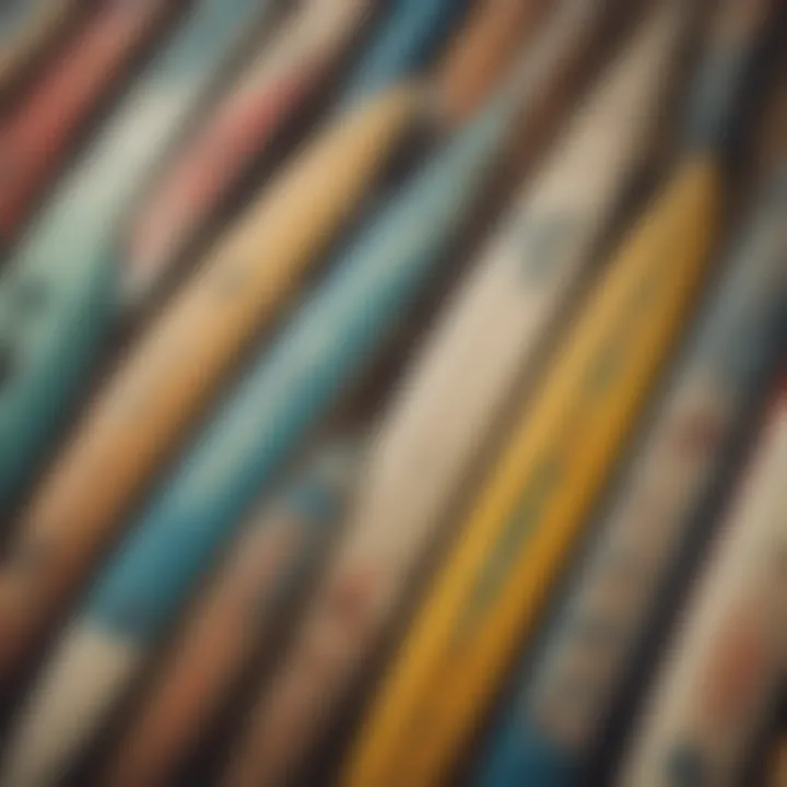 A close-up of a vintage surfboard with unique artwork