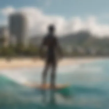 A panoramic view of Waikiki Beach featuring the statue