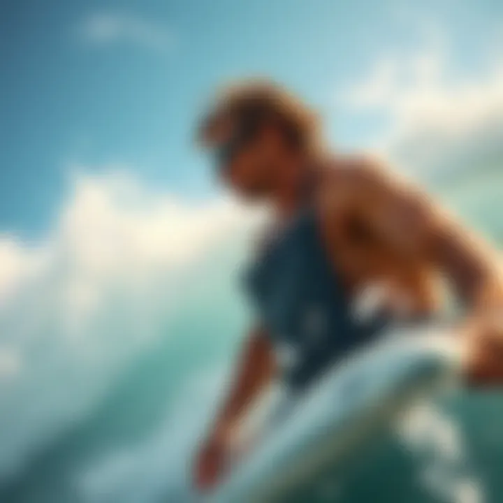 Surfer using waterproof pouch while catching waves