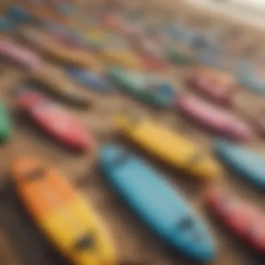 A vibrant assortment of wave surfer toys displayed on a beach