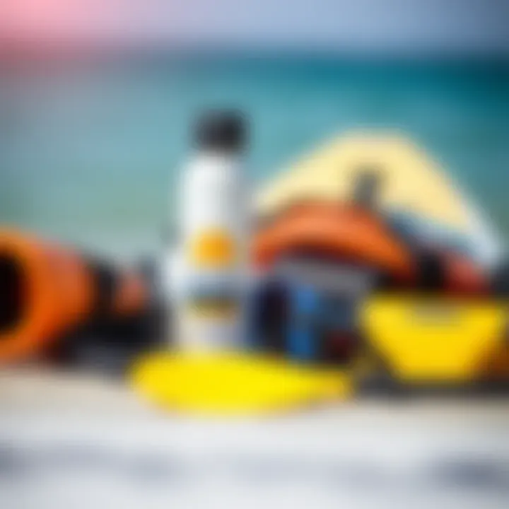 Critical Paddleboarding Accessories A selection of paddling accessories including sunscreen, water bottle, and safety gear