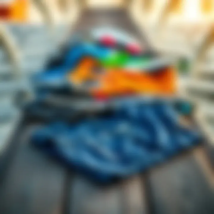 Essential Paddleboarding Attire Collection A close-up of various SUP attire laid out on a wooden dock