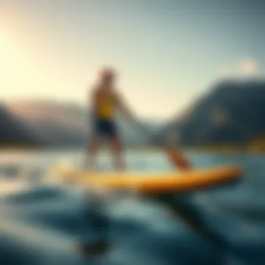 Scenic Paddleboarding Adventure An individual enjoying paddleboarding in a scenic landscape with mountains