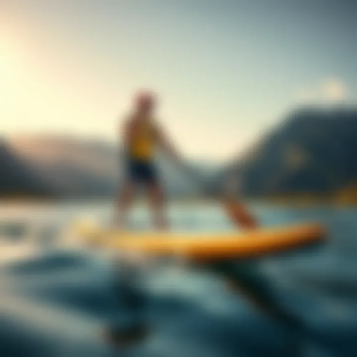 Scenic Paddleboarding Adventure An individual enjoying paddleboarding in a scenic landscape with mountains