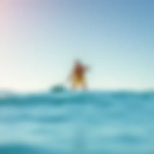 A vibrant paddleboarder navigating calm waters under a clear sky