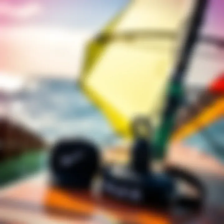 Essential Windsurfing Gear Close-up of windsurfing equipment including board and sail