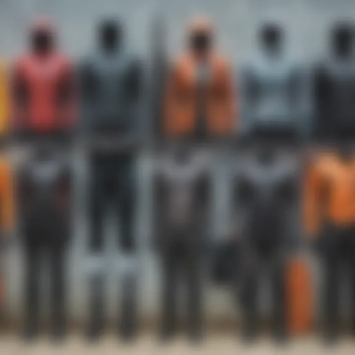 An array of winter wet suits displayed on a beach, highlighting different designs and colors