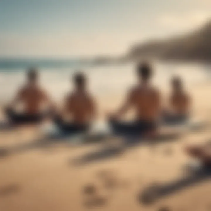 Group of surfers engaging in a yoga session on the sand